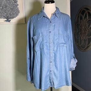 Jones of New York Blue Denim Button-Up Shirt Long Sleeve or Tab button 3/4